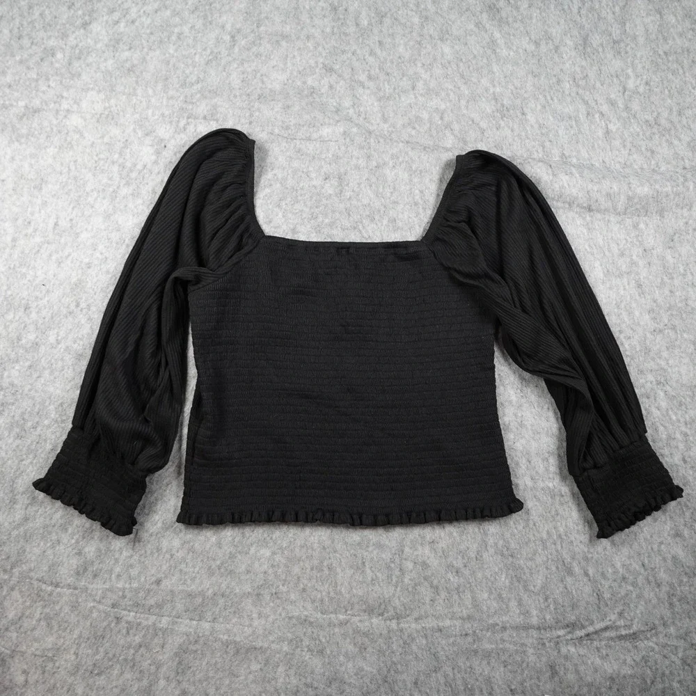 Anthropologie Top Women Large Black Smocked Ribbed Puff Sleeve Square Neck Crop